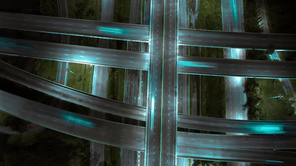 drone flying over interchange and multi junction road alt