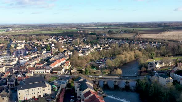 Aerial footage of the town centre of Wetherby in West Yorkshire in the UK