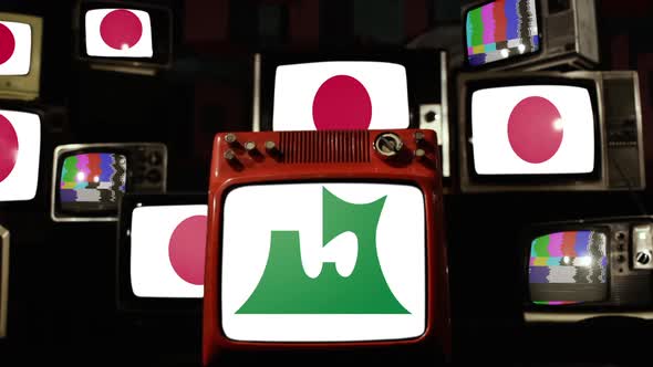 Flag of Aomori Prefecture and Japan Flags on Retro TVs. alt