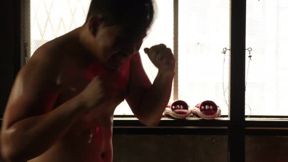 Young sporty man doing boxing training  at the gym alt