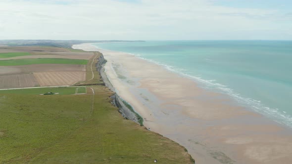 Wide Establishing Shot of Beautiful Cliff Shoreline in France, Cap Blanc-Nez, Aerial Forward alt