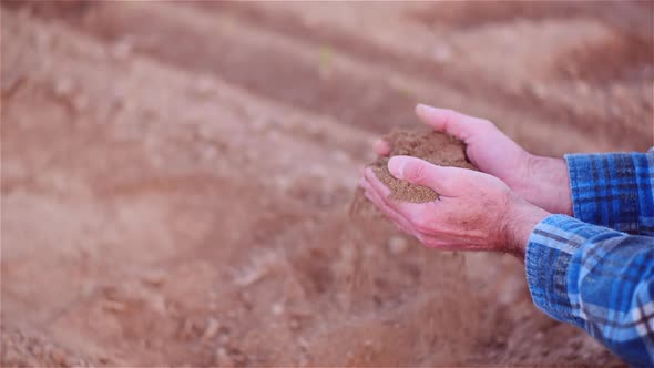 Farmer Examining Organic Soil in Hands, Farmer Touching Dirt in Agriculture Field alt