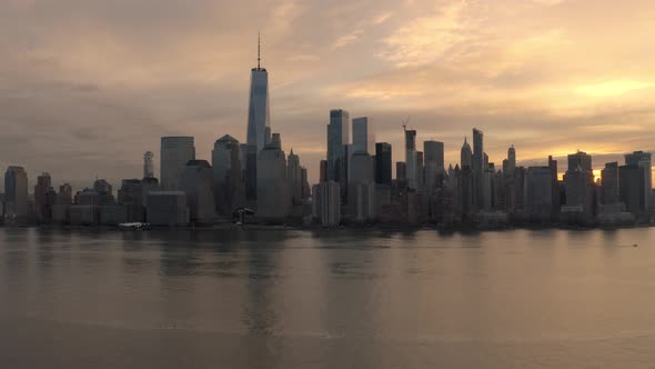 Aerial footage of lower Manhattan; taken from Jersey City alt