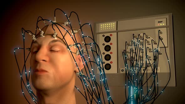 Electroencephalography machine analyzing activity of a human brain. Closeup. HD alt