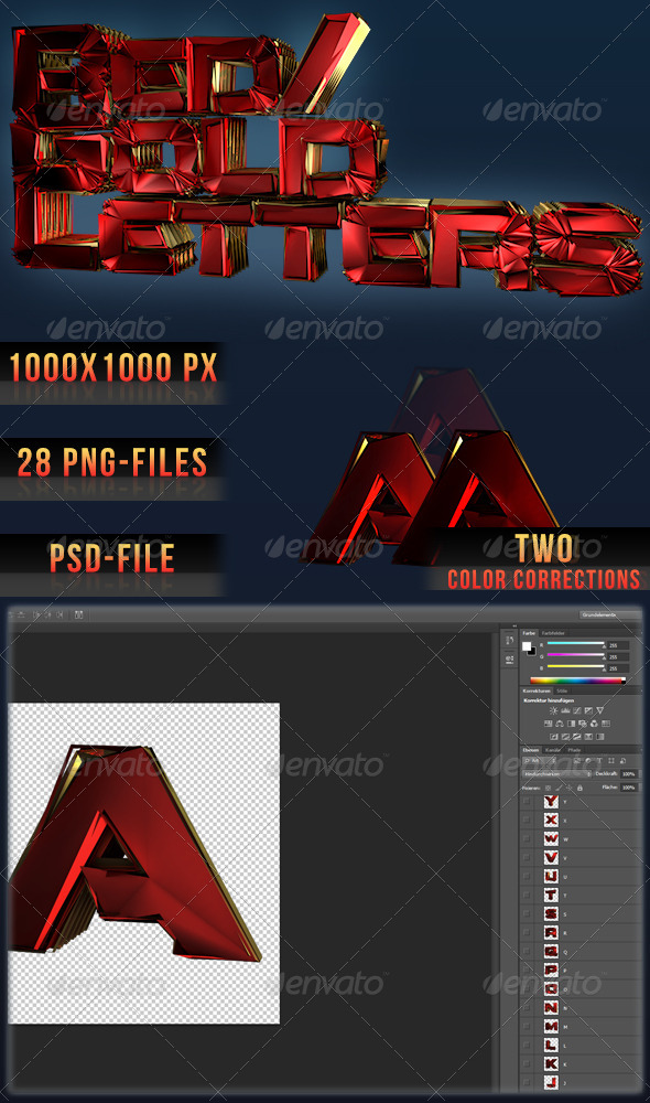 3D Red/Gold Ripple Letters - Text 3D Renders