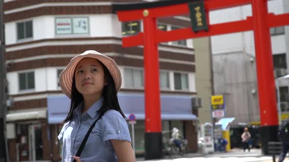 Beautiful Asian Girl Walking In The City On Summer Day,Ueno Tokyo Slow Motion alt