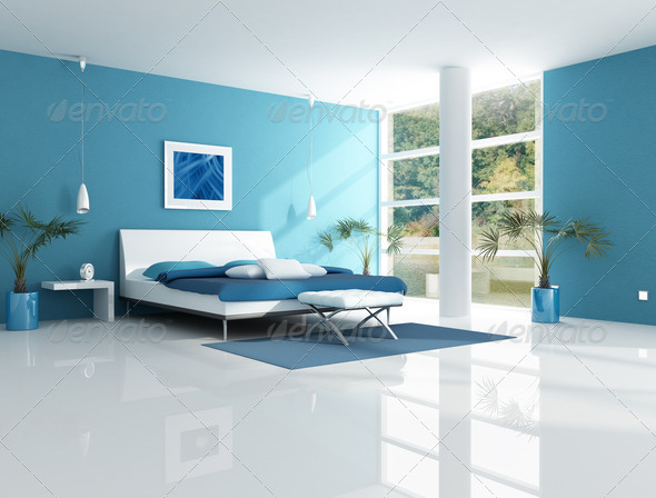 contemporary blue bedroom - Stock Photo - Images