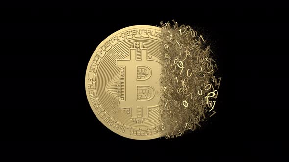 Single Bitcoin Coin Disintegrating Into Binary Data And Atoms