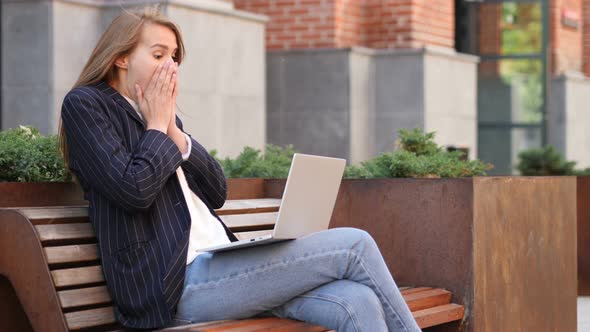 Shocked Excited Businesswoman Using Laptop, Sitting Outside Office alt