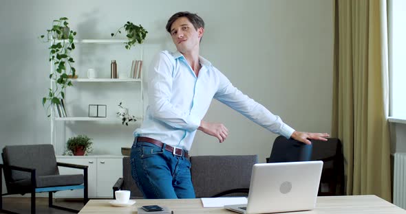 Funny Active Office Worker Freelance Joker Dancing in Workplace at Lunchtime, Having Party at Home alt