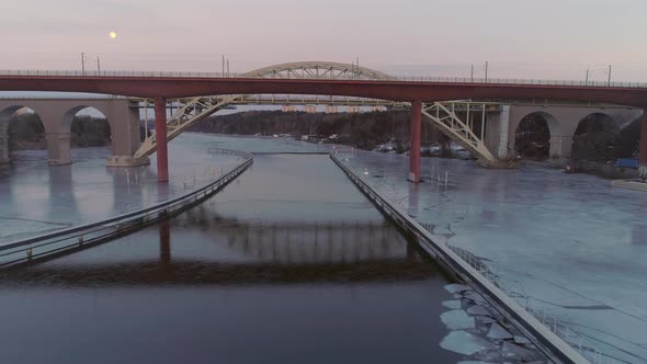 Aerial Shot of Railway Bridge at Dusk