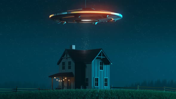 Alien invasion Silhouette of the shiny metal flying saucer. Bright light beam. alt