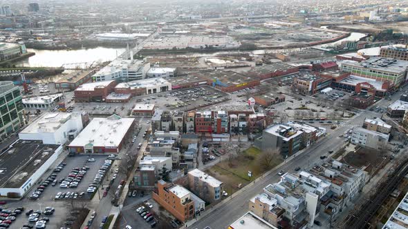 City Landscape of Chicago Streets and Buildings - Aerial Establishing alt