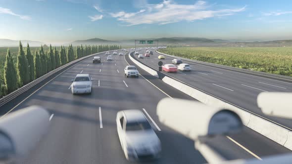 Radar speed control camera on the highway. Speed camera monitoring busy traffic road alt