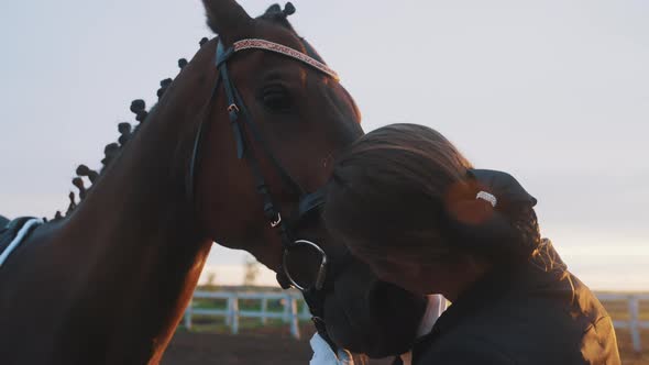 Horse Owner Kissing and Petting Her Horse Showing Affection For Horse Golden Hour alt