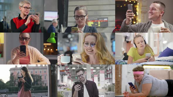 Collage Portrait of Cheerful Different People Browsing Internet on Smartphone alt