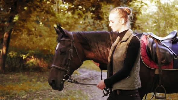 Young Beautiful Woman is Petting a Brown Horse While Walking Together in the Forest During Sunny Day alt