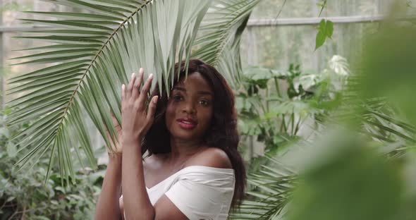 Young Beautiful African American Woman with Natural Makeup in the Rainforest alt
