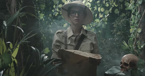 Scared explorer lost in the jungle