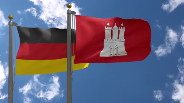 Germany Flag Vs Hamburg City Flag on Flagpole alt