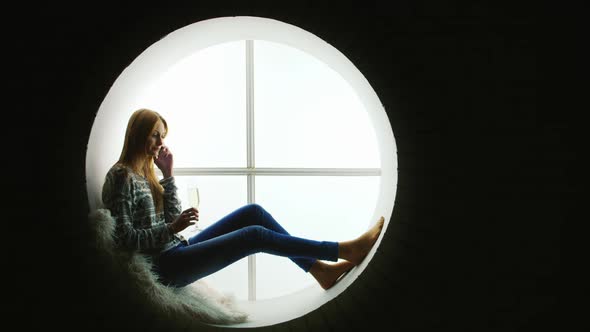 A Young Woman is Talking on the Phone Holding a Glass of Champagne in Her Hand alt