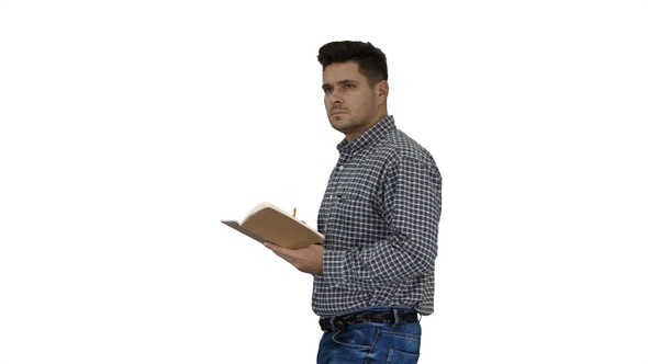 Male manager formal dressed holding notepad walking and alt