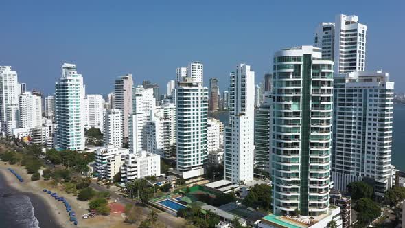 Skyline of White Residential Skyscrapers in Cartagena Prestigious District Aerial View