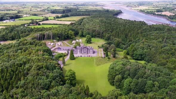 Aerial of Belleek Castle in County Mayo Ireland alt