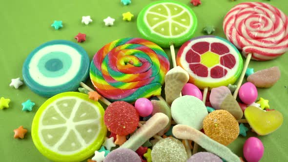 Colorful lollipops and different colored candies
