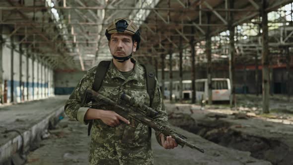 Professional Soldier with Rifle Walking in Captured Building alt