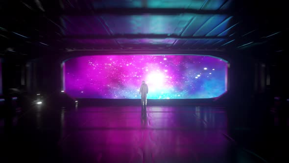 Alone astronaut in futuristic spaceship. View of the starry sky alt
