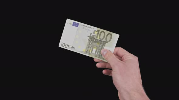Male Hand Shows Banknote of 100 Euro with Alpha Channel alt