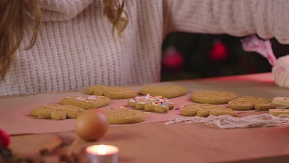 Christmas Baking. Close Up Decorating Handmade Xmas Cookies, Holiday Traditions