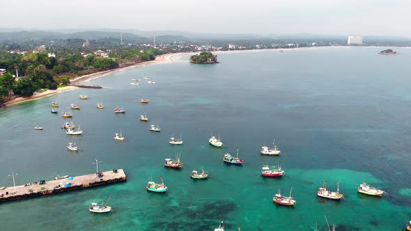 Aerial view of drone flying over fishing boat