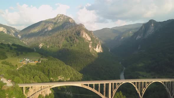 Djurdjevic Bridge Over the Tara River in Northern Montenegro. Aerial Footage