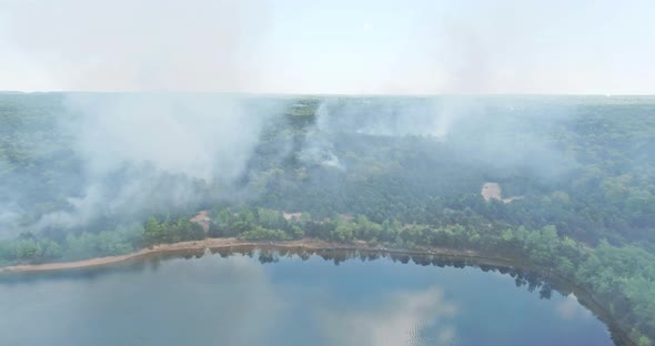 Aerial view with panoramic wildfire is burning trees smoke fire dry grass forest in California USA alt