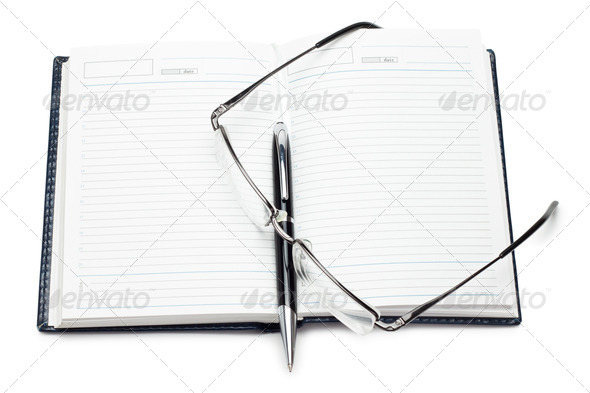 Opened Notebook With Pen And Glasses Isolated - Stock Photo - Images