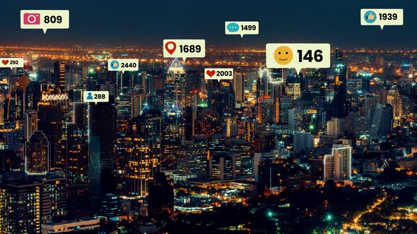 Social Media Icons Fly Over City Downtown Showing People Engagement Connection alt