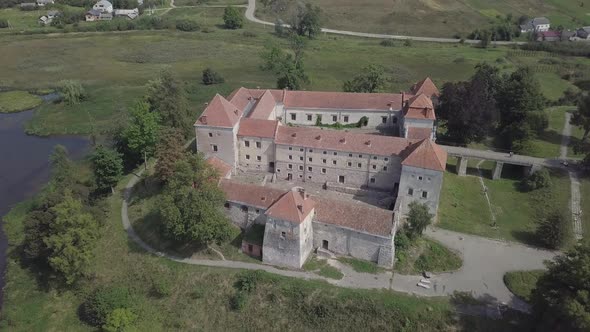 Aerial Famous Ukranian Ruined Svirzh Castle alt