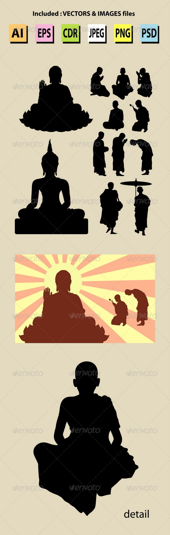 Monk and Buddha Silhouettes - Religion Conceptual