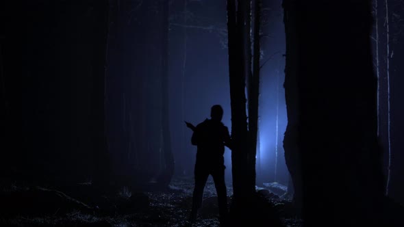 Night chase in the foggy forest. alt