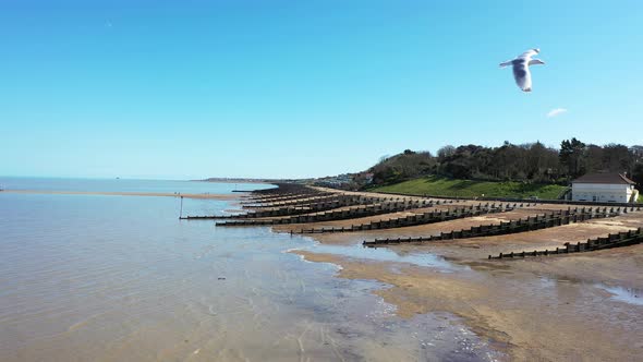 An Aerial View of an Empty Sandy Beach. Pandemic Quarantine. Whitstable, Kent, UK