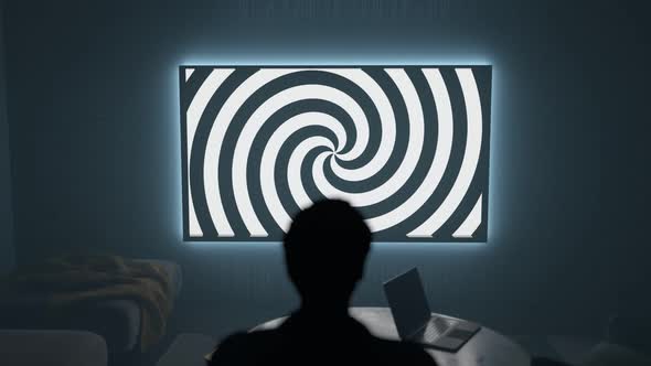 Darkroom with person watching TV with a hypnotic spiral on the screen. 4K render