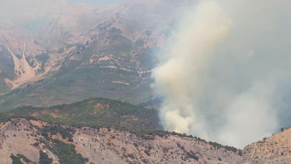 Forest fire burning on Timpanogos Mountain on hot summer day alt