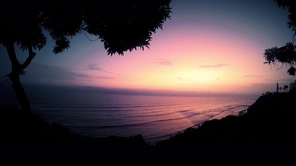 Sunset Sunrise Over Seaside Time Lapse Panorama Dark Red Dramatic Clouds Lighthouse Lima Peru Coast