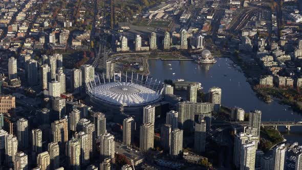 BC Place Stadium And High-rise Buildings In False Creek, Vancouver, British Columbia, Canada. - aeri alt