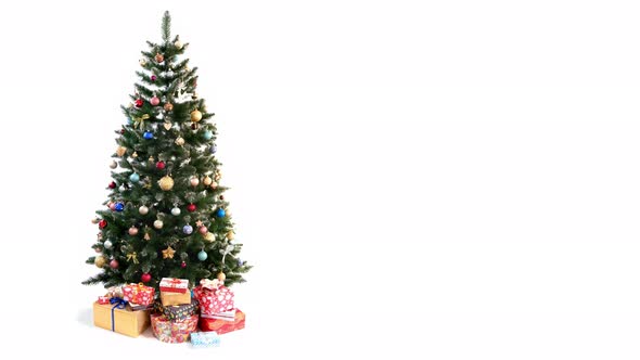 Loopable Christmas Tree With Toys and Gift Boxes Isolated on White Background.
