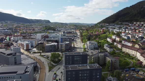 Forward moving aerial of Danmarksplass and highway E39 through Krohnstad and Minde leading to Arstad alt