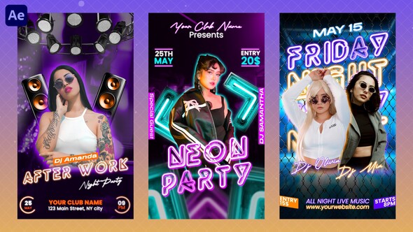 Neon Party Instagram Reels Openers template preview