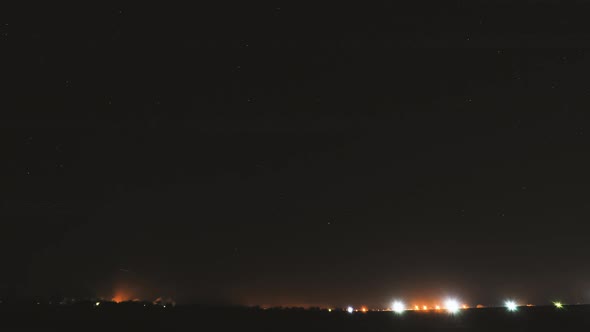 Night Starry Sky With Glowing Stars Above Landscape With Town City Lights alt